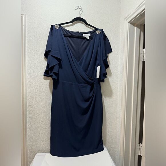 Jessica Howard Dress Womens 14 Knee Short Ruffle Flutter Sleeve Faux Wrap Blue - Picture 1 of 10